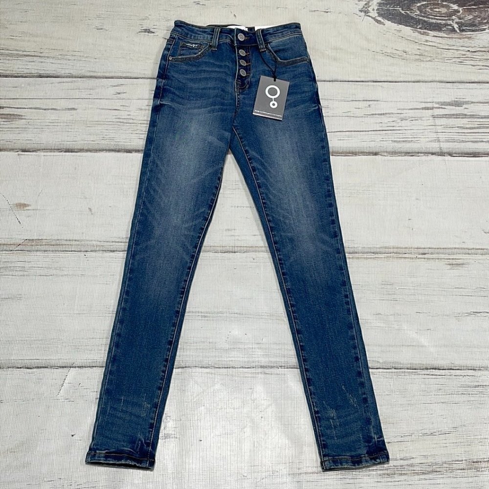 Insane Gene NWT Jeans Mid-Rise Skinny Dark Blue Denim Exposed Buttons Size 0 W23 - Picture 3 of 13